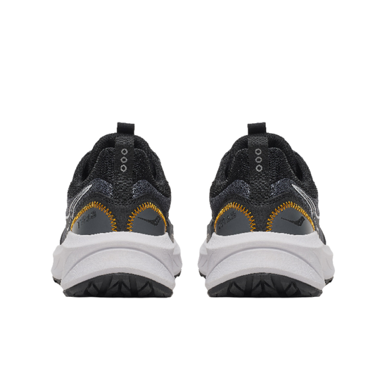 Grey and black sneaker rear view on a white background
