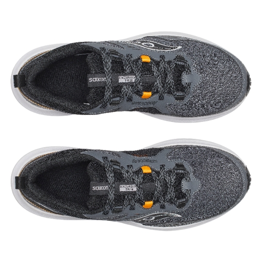 Grey and black sneakers top view on a white background
