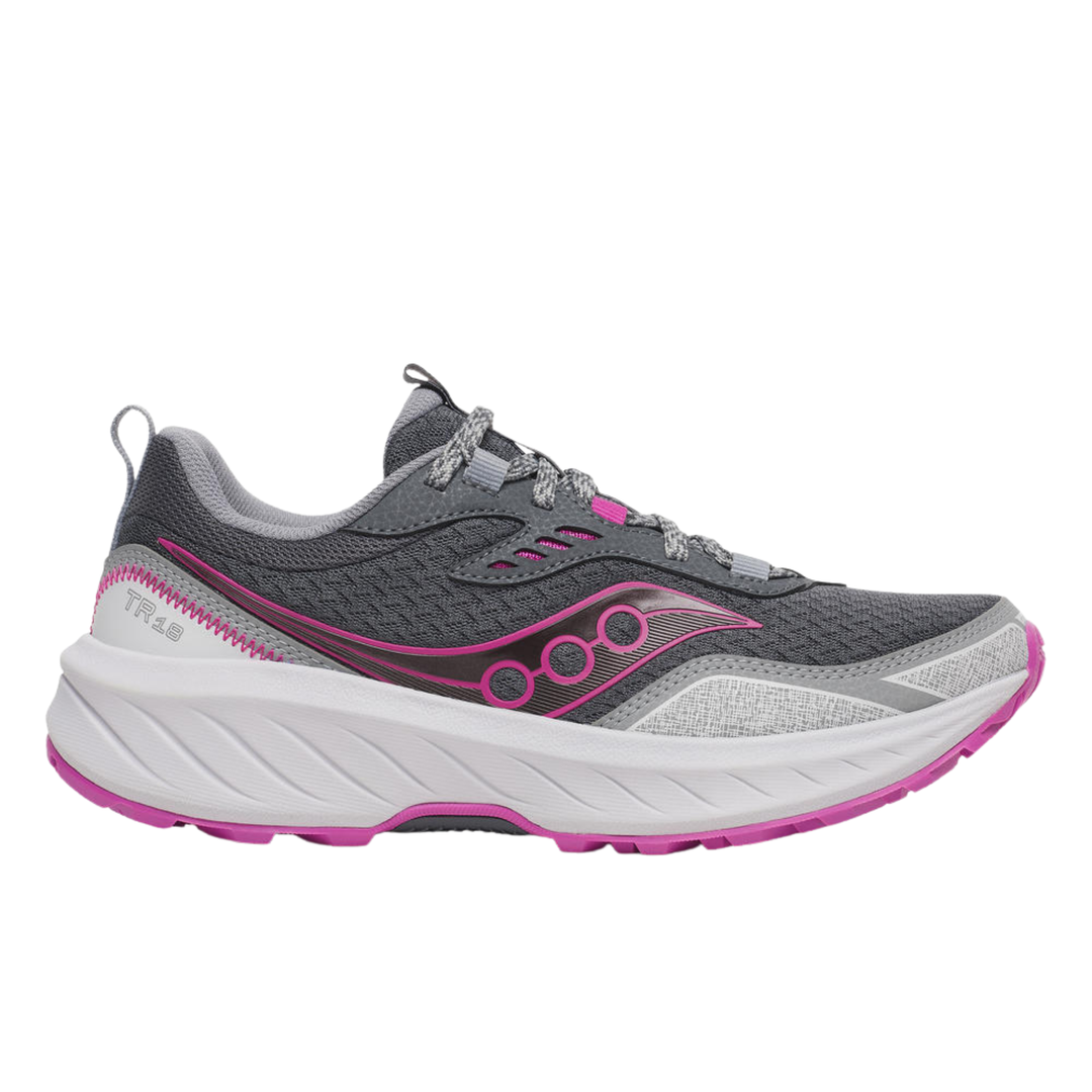 Gray and pink running shoe on a white background
