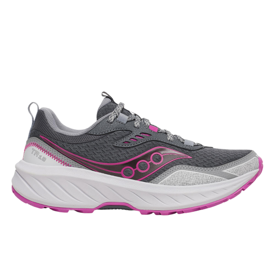 Gray and pink running shoe on a white background