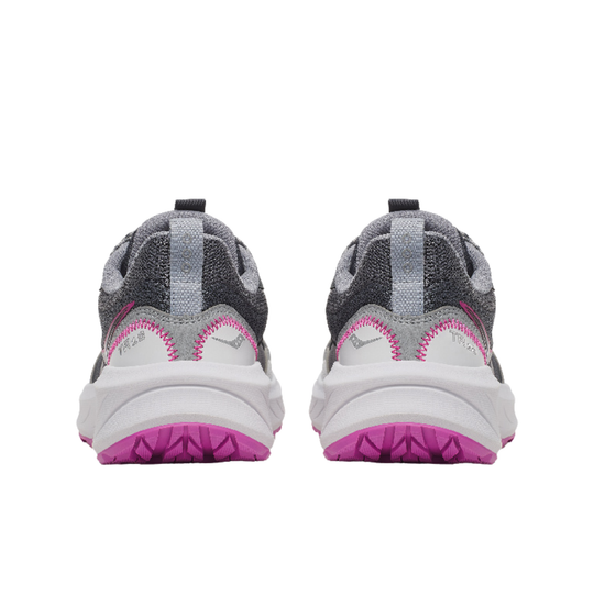 Pair of gray and pink athletic shoes on a white background