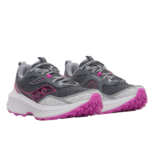 Pair of gray and pink running shoes on a white background