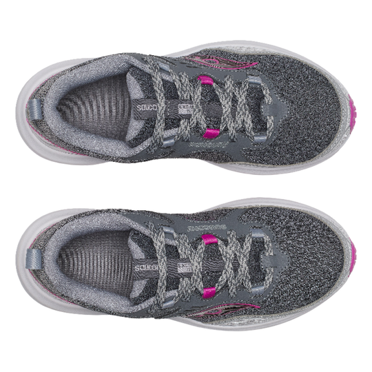 Gray athletic shoes with pink accents on a white background