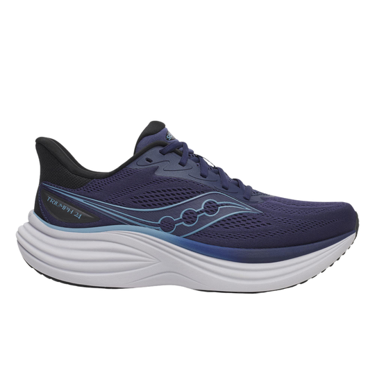 Navy running shoe with white sole on a white background