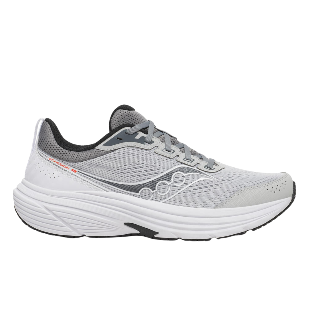 Gray and white running shoe on a white background