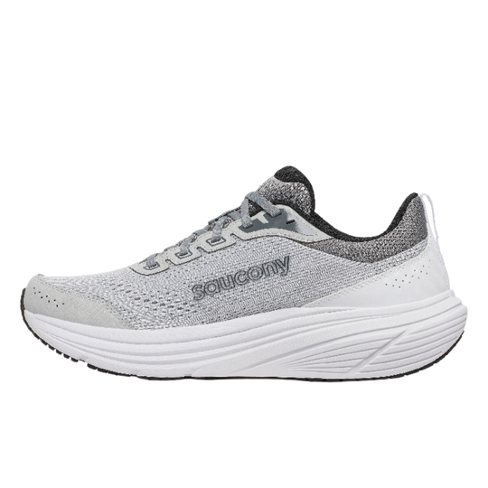White running shoe with gray accents on a white background