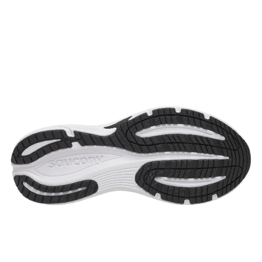 Sole of a running shoe with 'Saucony' branding on a white background