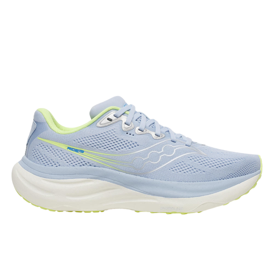 Light blue running shoe with green accents on a white background