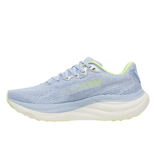 Blue running shoe with white sole on a white background