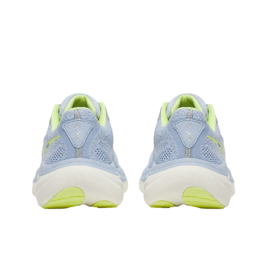 Light blue running shoes with green accents on a white background
