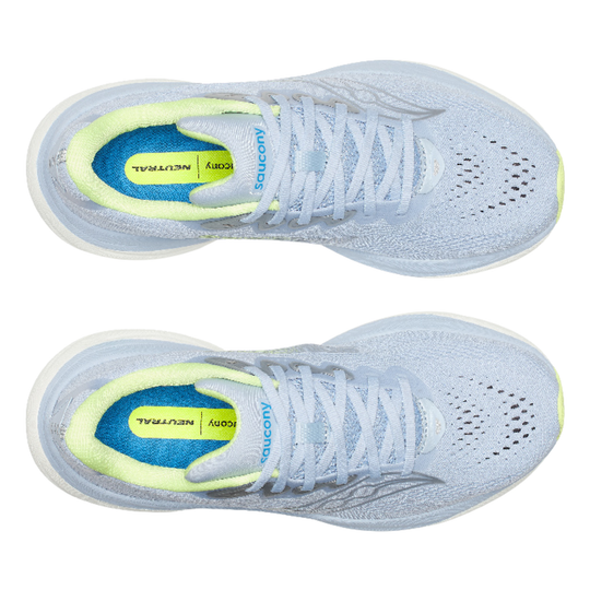 Light blue running shoes with a yellow and blue sole on a white background