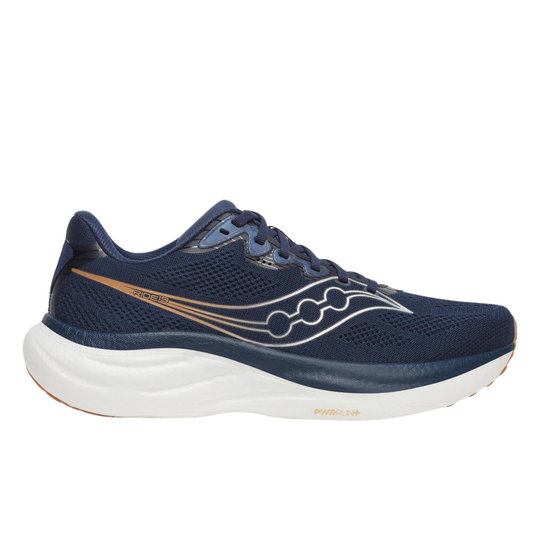 Navy running shoe with white sole on a white background