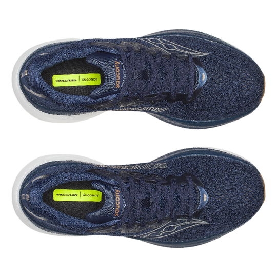 Pair of blue running shoes with a visible brand logo on a white background