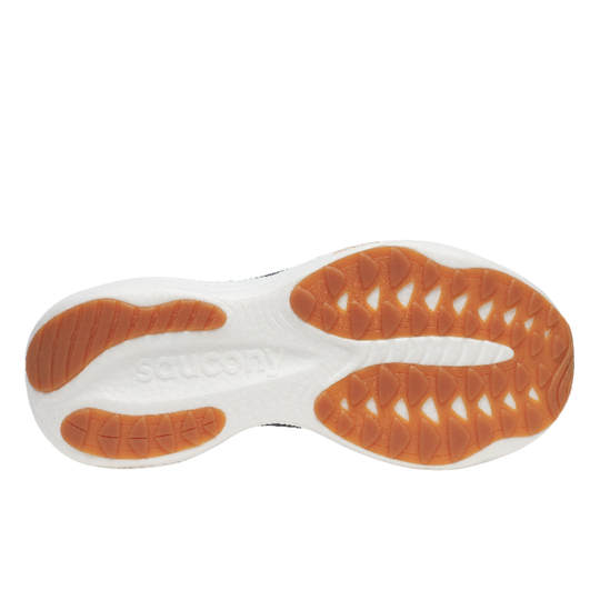 Close-up of a shoe sole with orange tread pattern on a white background