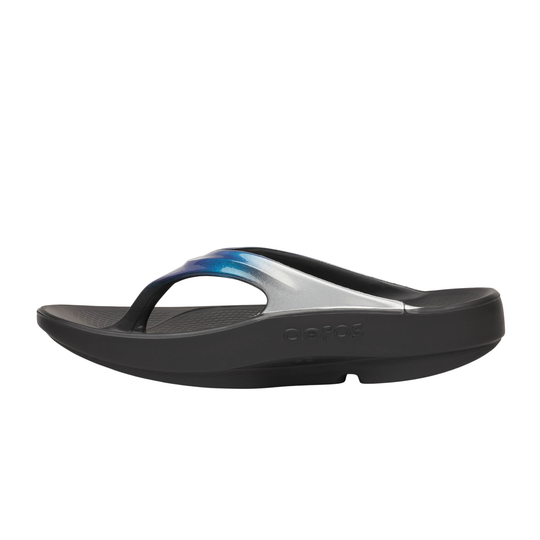 Black sandal with a blue accent on a white background