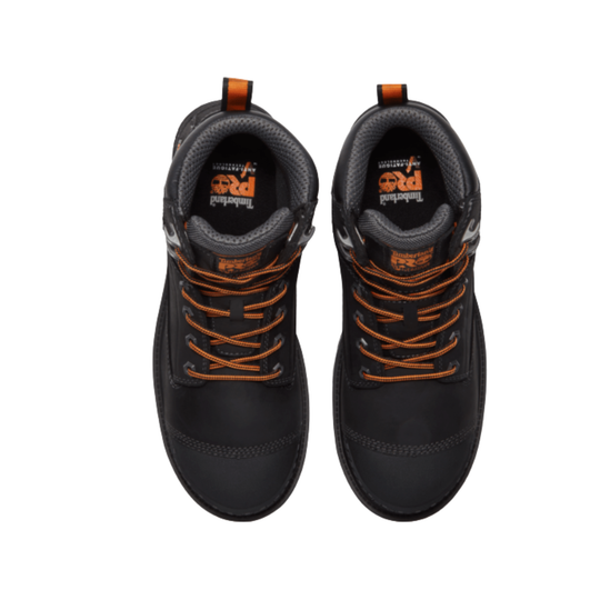 Pair of black boots with orange laces on a white background