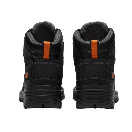 Black boots with orange accents on a white background