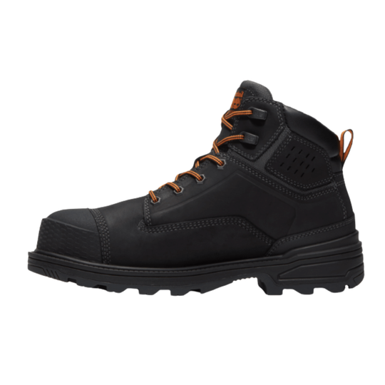 Black leather boot with brown laces on a white background
