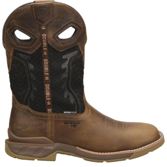 Brown cowboy boot with black interior on a white background