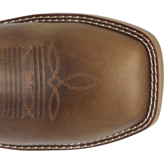 Close-up of a brown leather boot with stitching detail on a white background