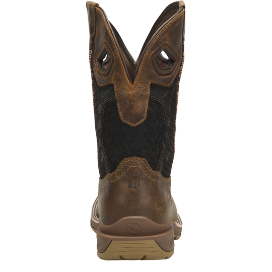 Brown and black cowboy boot on a white background