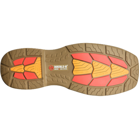 Close-up of a shoe sole with red and yellow cleats on a white background