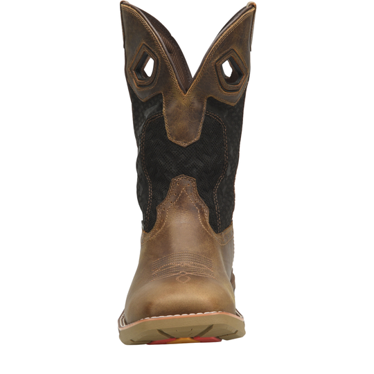 Brown and black cowboy boot on a white background