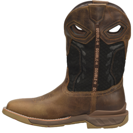 Brown cowboy boot with 'Double H' branding on a white background