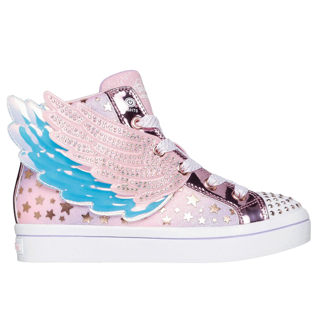 Pink high-top sneaker with blue wing design on a white background