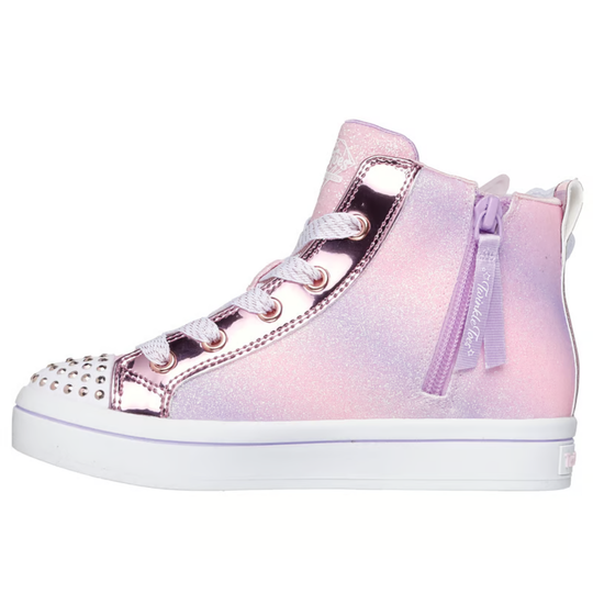 Pink and purple high-top sneaker with white laces on a white background