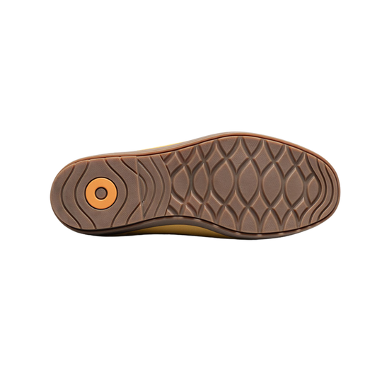 yellow rain boot with brown sole
