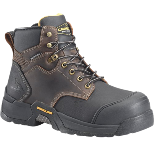 Brown and black work boot with visible branding on a white background