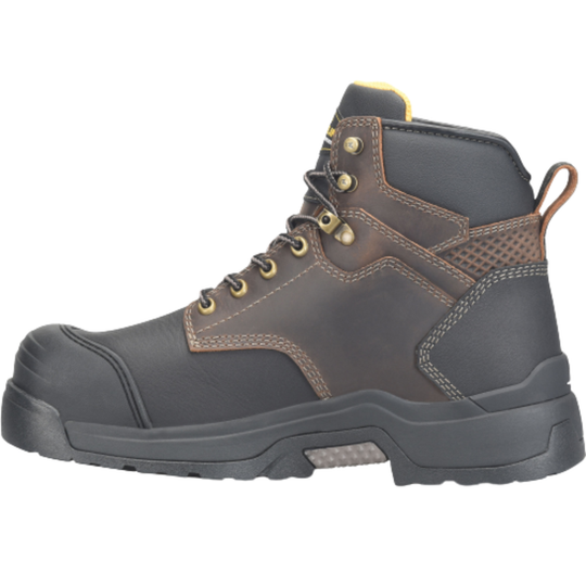 Brown and black work boot on a white background