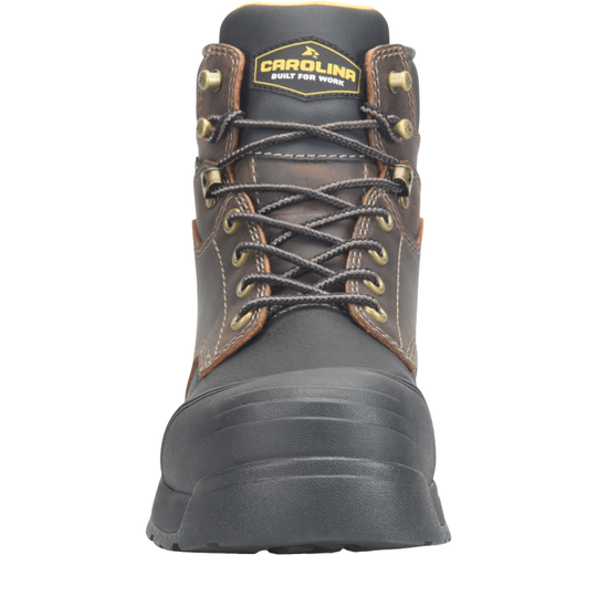 Brown and black Carolina work boot on a white background