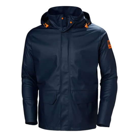 navy rain jacket with hood and orange accents 