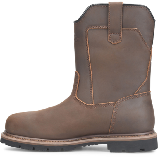 Brown leather boot with a white background