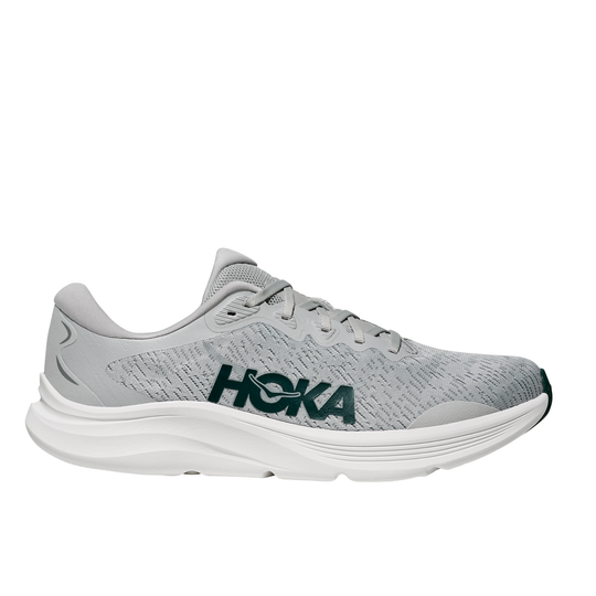 Gray running shoe with 'Hoka' branding on a white background