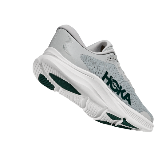 Gray running shoe with green accents on a white background