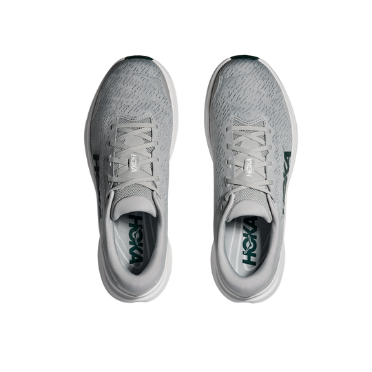 Gray athletic shoes with Hoka branding on a white background