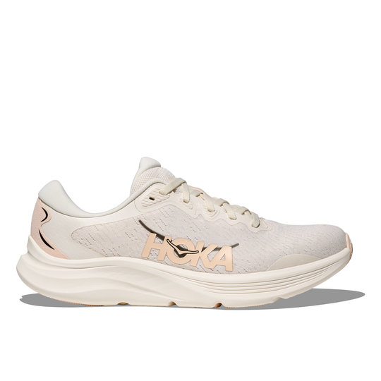 White running shoe with 'Hoka' branding on a white background