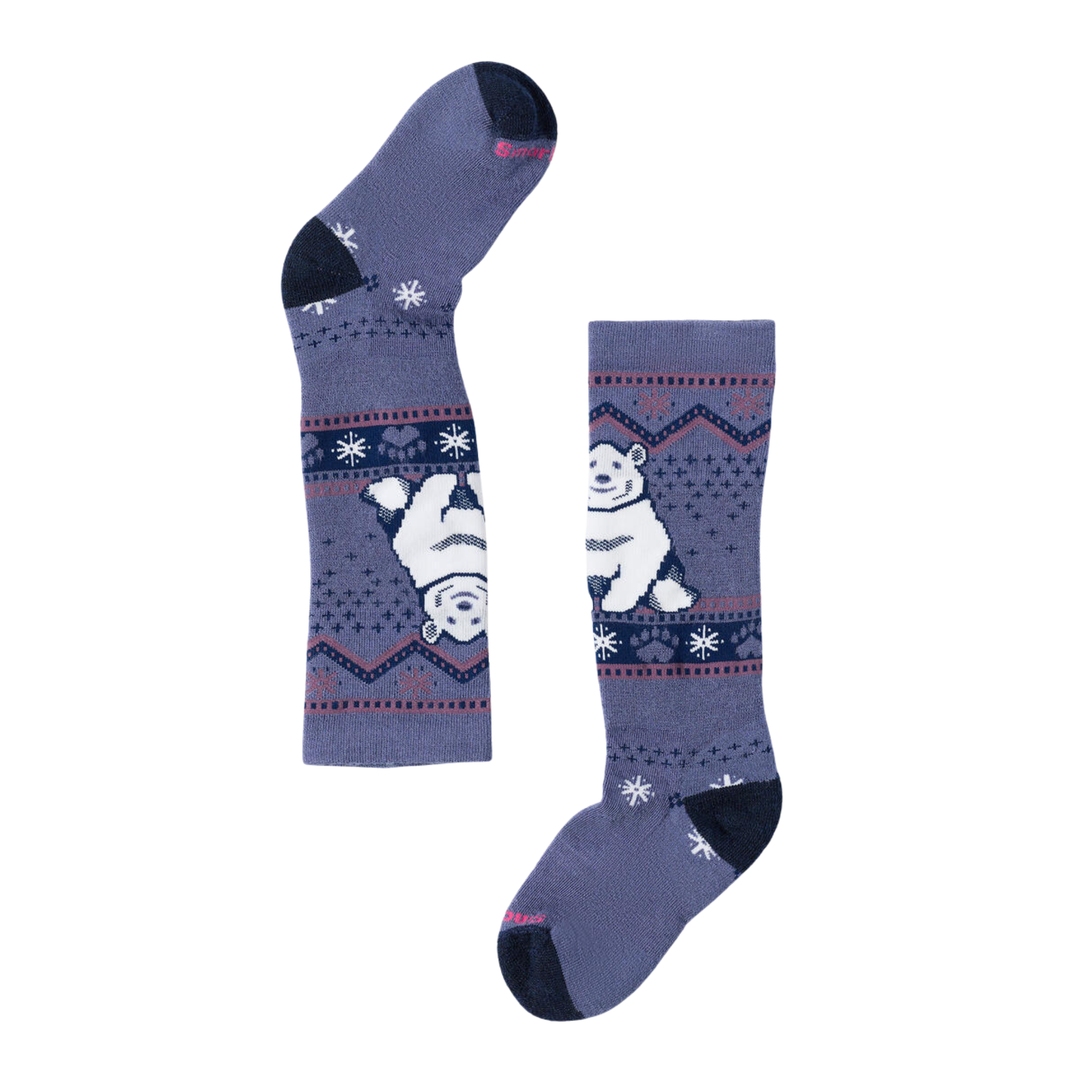 Pair of blue socks with polar bear design on a white background