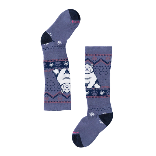 Pair of blue socks with polar bear design on a white background