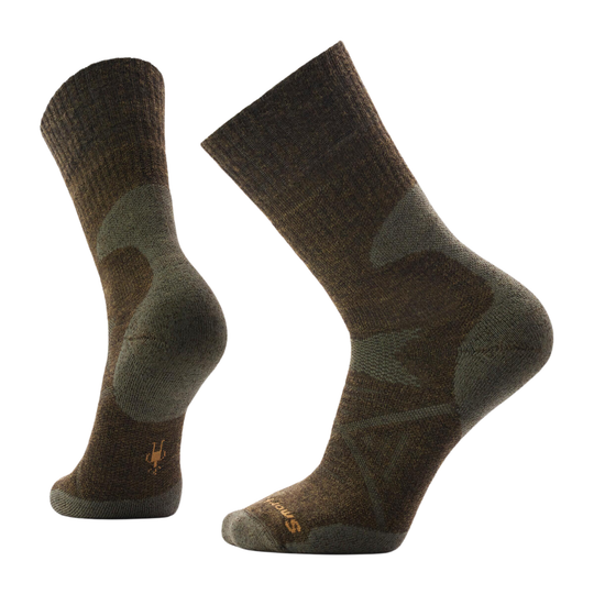 Pair of olive socks with a subtle pattern on a white background