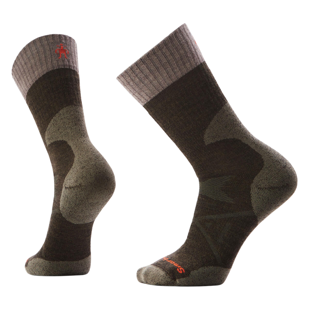 Pair of olive and gray socks with a red logo on a white background