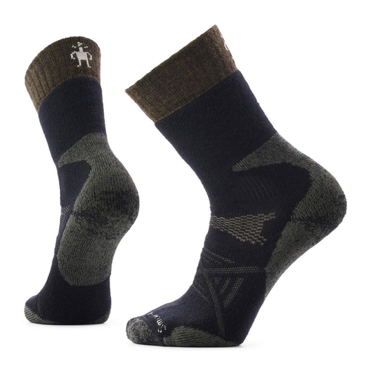 Pair of black and gray socks with a brand logo on a light gray background