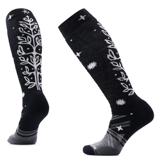 Black knee-high socks with white floral patterns on a white background