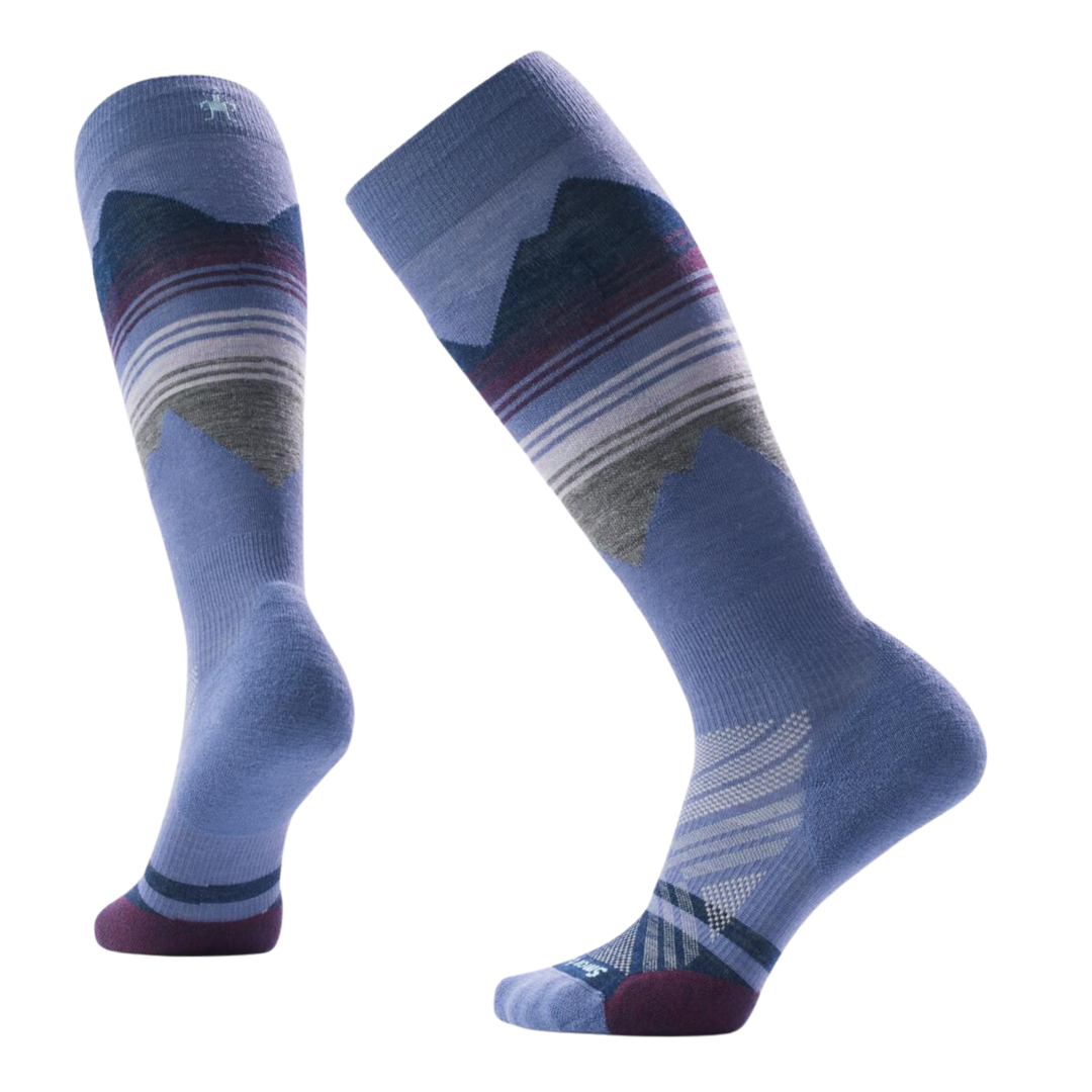 Pair of blue patterned socks on a white background