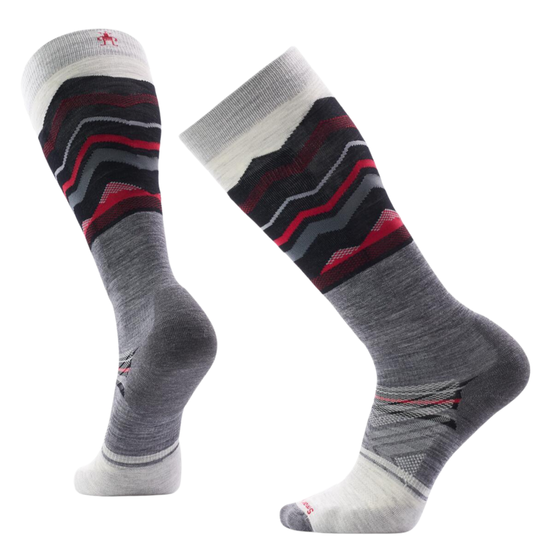 Pair of gray socks with red and blue pattern on a white background