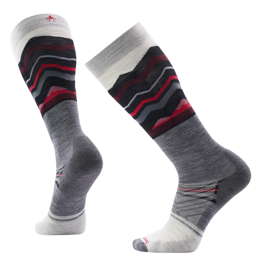 Pair of gray socks with red and blue pattern on a white background