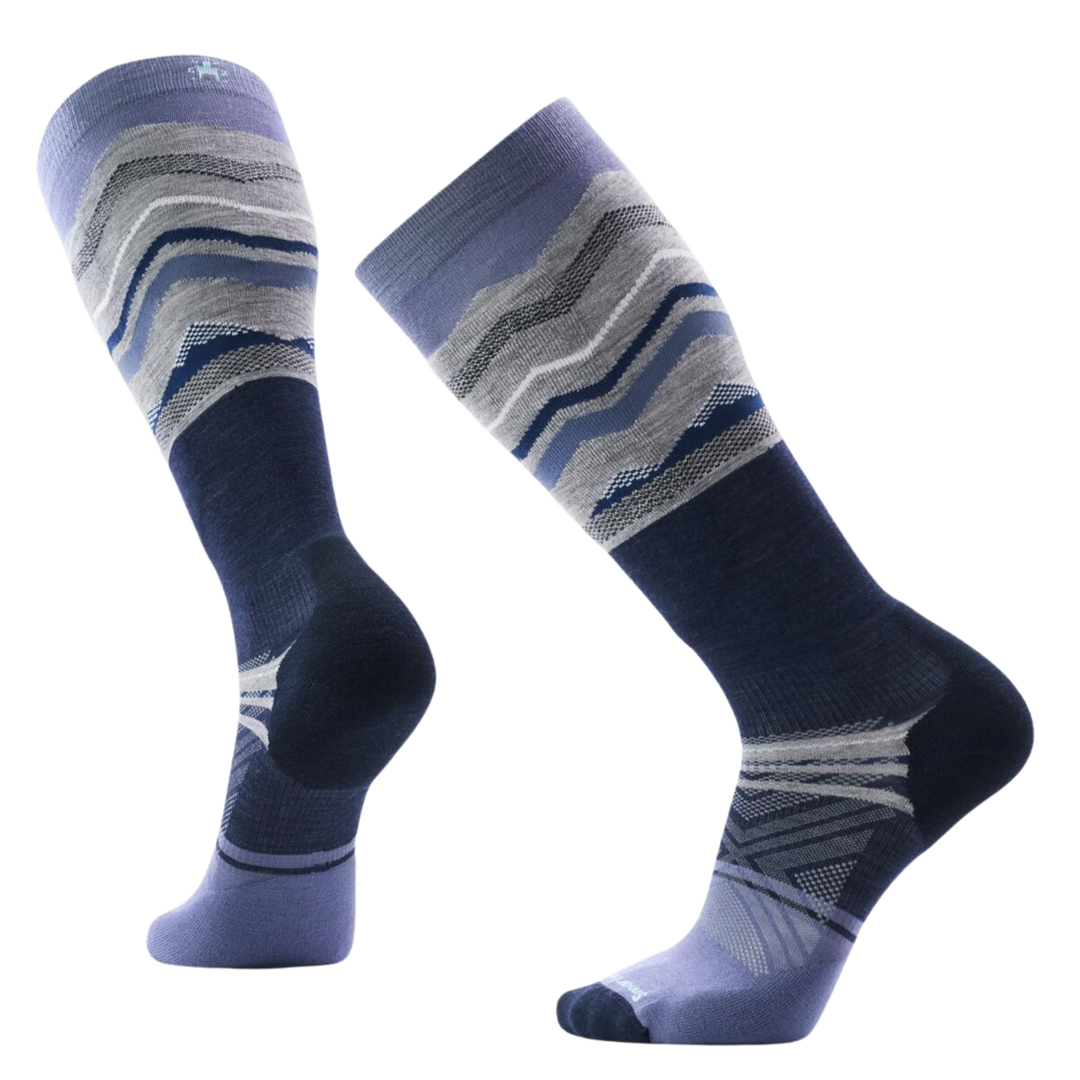 Pair of blue and gray patterned socks on a white background